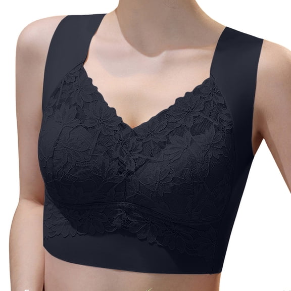FUNUONY Full Coverage Bra for Women Plus Size Lace Wireless Bralette Side Support Bra Women's Comfortable New Lace Traceless Back Gathering Breathable No Rim Chest Cushion Sports Bra Black Xxl