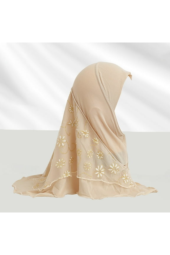 Girls Ice Silk Muslim Khimar Hijab Headscarf Flower Arab Scarf Shawls Neck Wrap Islamic Head Wrap for Age 2-7 Years Girls/Children Hijab Scarf Headscarf Wrap Muslim Amira Beige One Size