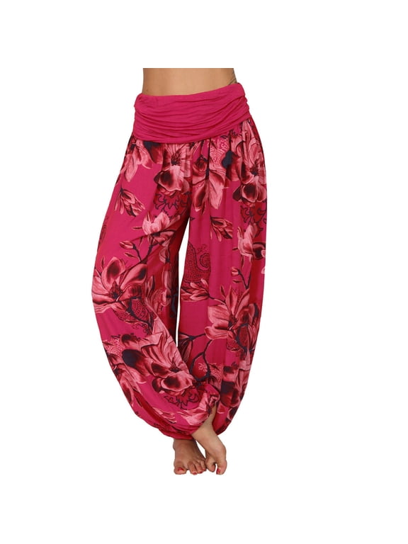 Harem Pants Women Hippie High Waist Boho Vintage Floral Ink Print Petite Elastic Ankle Cuffs Length Pants 2026 Plus Size Causal Yoga Flowy Lounge Pajama Joggers White XXL