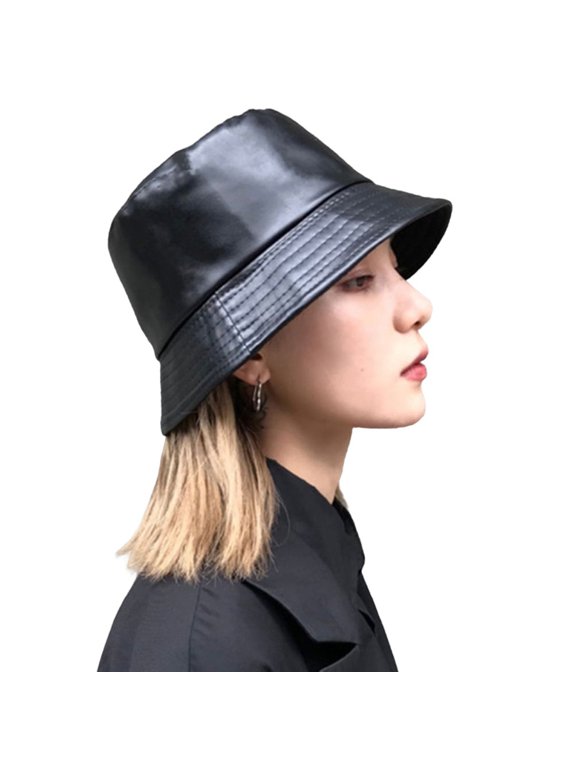 Hats for Women 2025 Trendy Uni Fashion Bucket Hat Pu Leather Rain Hat Fishmen Cap for Women Black A