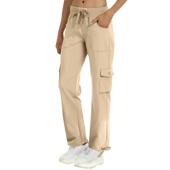 FUNUONY High Waisted Cargo Pants for Women Baggy Y2K Straight Wide Leg Pants with Pockets Streetwear Lightweight Cargo Pants Ruched Straight Leg Travel Workout Athletic Hiking Joggers Beige Xxl