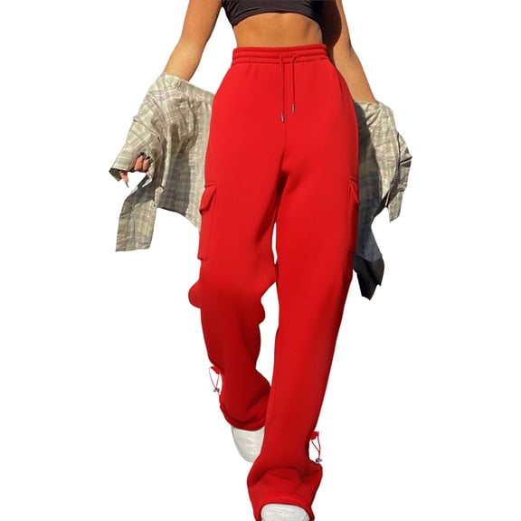 FUNUONY High Waisted Cargo Pants for Women Baggy Y2K Straight Wide Leg Pants with Pockets Streetwear Women Elastic Waist Pockets Side Pockets Sport Casual Solid Pants Loose Long Trousers Red Xxl