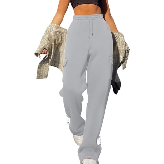FUNUONY High Waisted Cargo Pants for Women Baggy Y2K Straight Wide Leg Pants with Pockets Streetwear Women Elastic Waist Pockets Side Pockets Sport Casual Solid Pants Loose Long Trousers Grey M