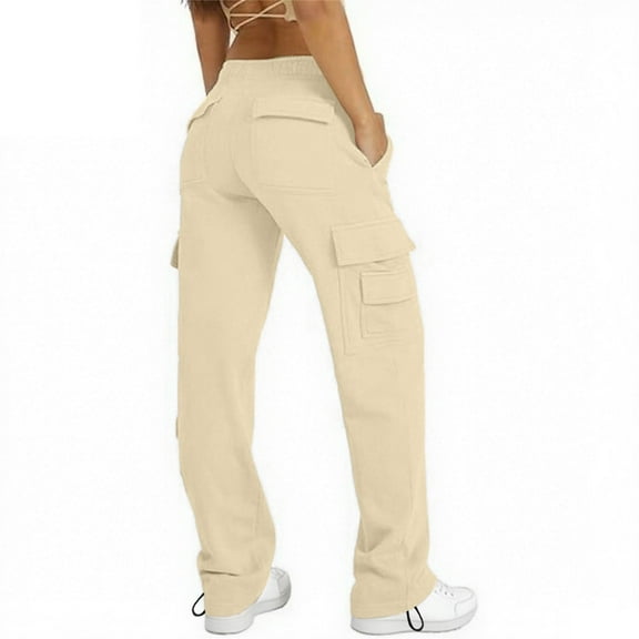 FUNUONY High Waisted Cargo Pants for Women Baggy Y2K Straight Wide Leg Pants with Pockets Streetwear Womens Cargo Sweatpants Baggy Fleece High Waisted Joggers Pants Athletic Pants Beige Xl
