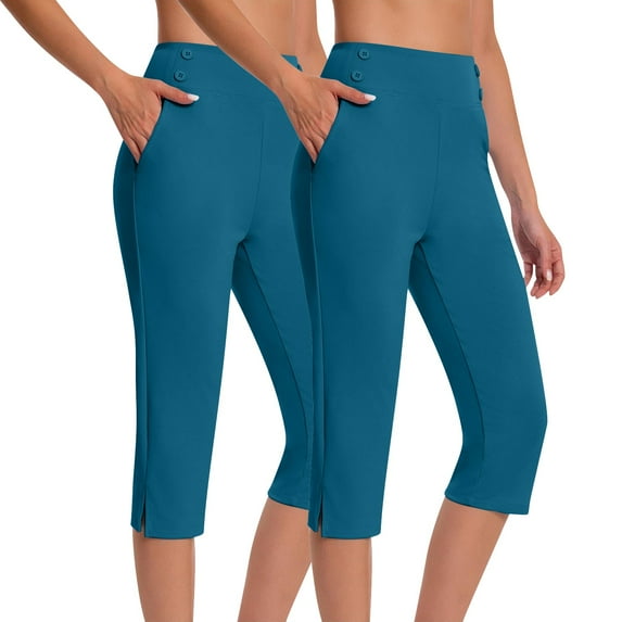 FUNUONY High Waisted Yoga Pants for Women with Pockets Capri Leggings for Women Workout Leggings for Women Yoga Capris Pants High Waisted Crop Work Pants Summer Casual Slacks Yoga Dress Pant Blue L
