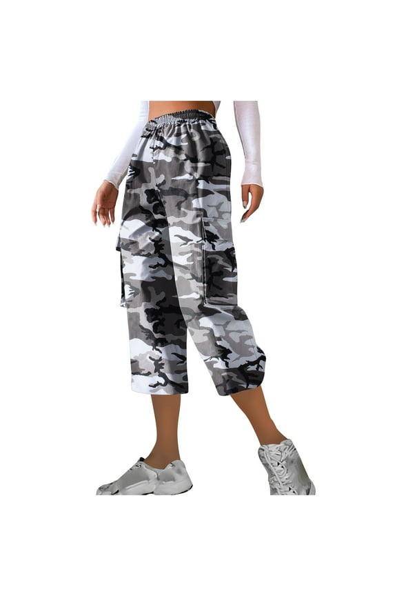 Hot Sale!! Capri Pants for Women 2025 Trendy Women's Casual Camouflage Print Cargo Pants Stretch Elastic Waist Tapered Pants with Pockets Grey Xxl
