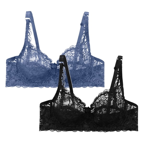 FUNUONY Hot Sale!! Lace Bralettes for Women No Underwire Triangle See Thru V Neck Unpadded Bra 2 Pack Lace Underwear Underwired Women's Charmming Bra 2Pc Dark Blue 40