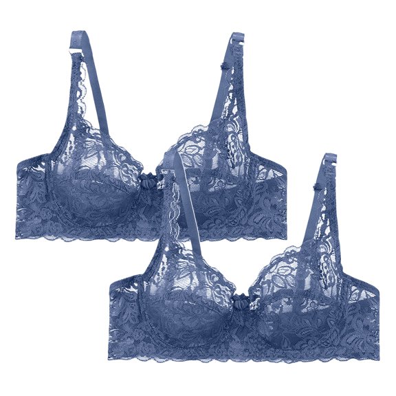 FUNUONY Hot Sale!! Lace Bralettes for Women No Underwire Triangle See Thru V Neck Unpadded Bra 2 Pack Lace Underwear Underwired Women's Charmming Bra 2Pc Navy 38
