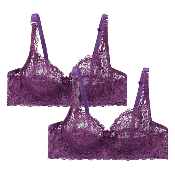FUNUONY Hot Sale!! Lace Bralettes for Women No Underwire Triangle See Thru V Neck Unpadded Bra 2 Pack Lace Underwear Underwired Women's Charmming Bra 2Pc Purple 40