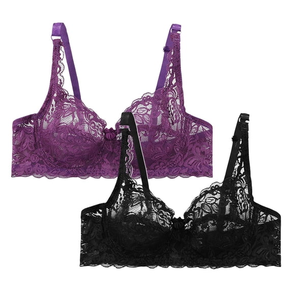 FUNUONY Hot Sale!! Lace Bralettes for Women No Underwire Triangle See Thru V Neck Unpadded Bra 2 Pack Lace Underwear Underwired Women's Charmming Bra 2Pc Silver 34