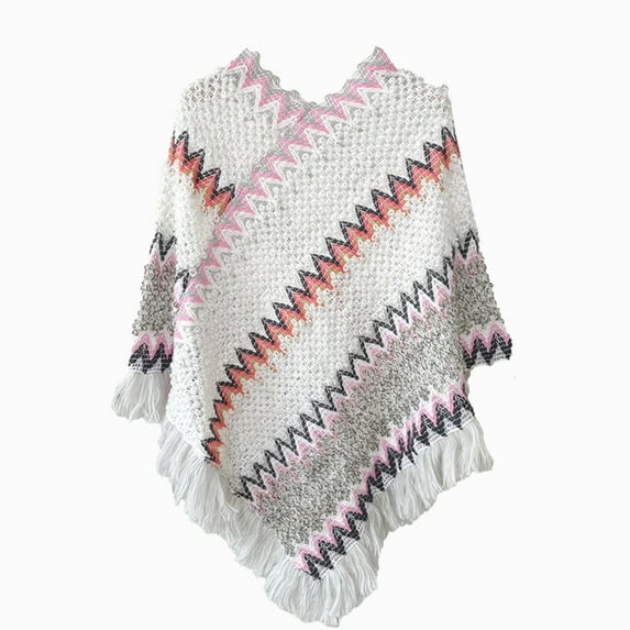 FUNUONY Hot Sale!! Women's Vintage Fringe Pullover Shawl Striped Wrap Poncho Cape Soft Crochet Shawl Women Nationl Print Colourful Splice Poncho with Tassels Knitted Shawl Scarf Grey One Size