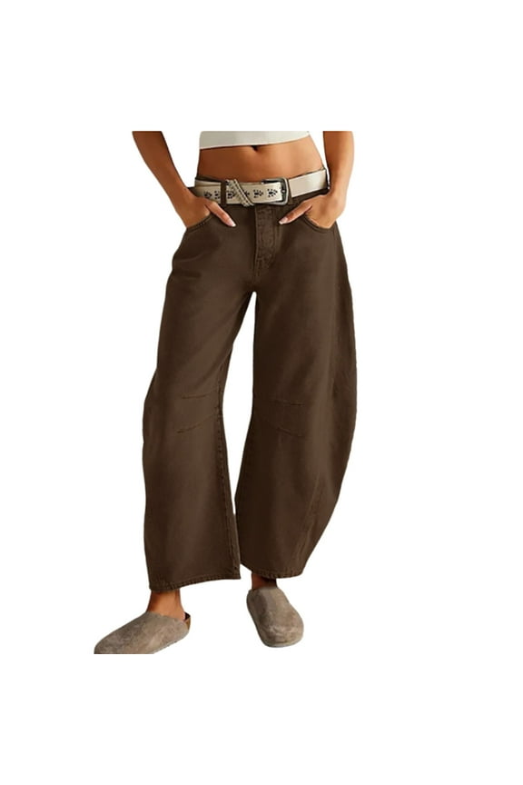 Hot Sale!! Womens Mid Rise Barrel Jeans Vintage Loose Wide Leg Cropped Denim Pants Y2K Baggy Boyfriend Jeans Women's Baggy Jeans High Waisted Skinny Haren Pants Wide Legged Pants Coffee S