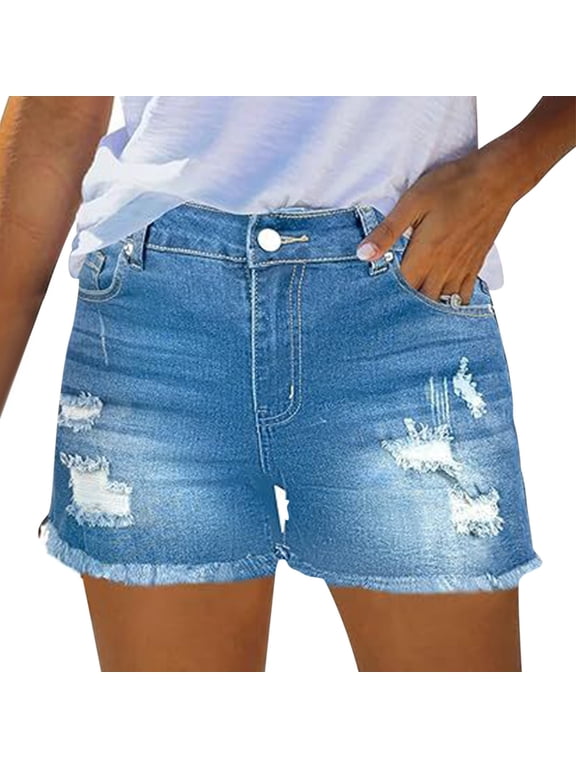 Jean Shorts Womens High Waisted Stretchy Mom Two Buttons Frayed Raw Hem Ripped Denim Shorts Distressed Shorts for Women Denim Pants Womens Jeans Spring Break Fashion Beach Vacation Clothes Su