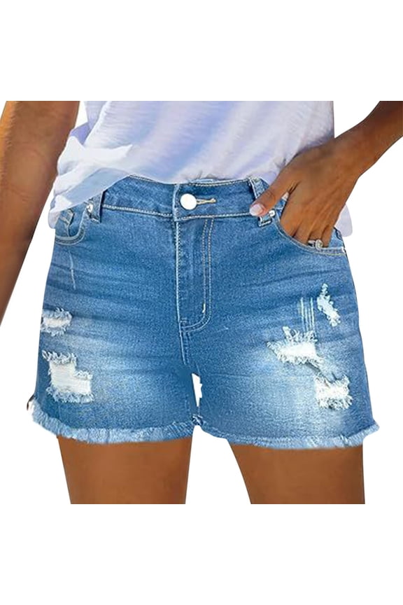 Jean Shorts Womens High Waisted Stretchy Mom Two Buttons Frayed Raw Hem Ripped Denim Shorts Distressed Shorts for Women Denim Pants Womens Jeans Spring Break Fashion Beach Vacation Clothes Su