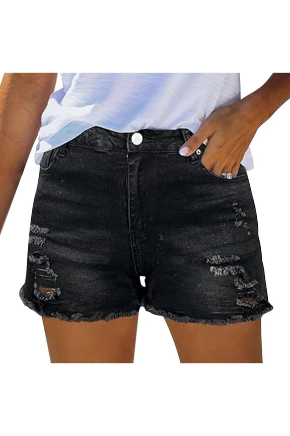 Jean Shorts Womens High Waisted Stretchy Mom Two Buttons Frayed Raw Hem Ripped Denim Shorts Distressed Shorts for Women Denim Pants Womens Jeans Spring Break Fashion Beach Vacation Clothes Su