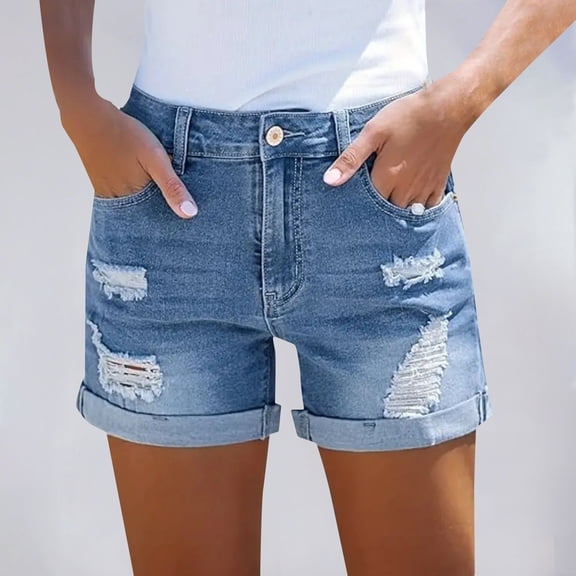 FUNUONY Jean Shorts Womens Womens Jean Shorts Baggy Jeans for Woman Denim Shorts Women Summer 2025 Trendy Women's Ripped Pocket Jeans with Rolled Edge Casual Shorts Blue L