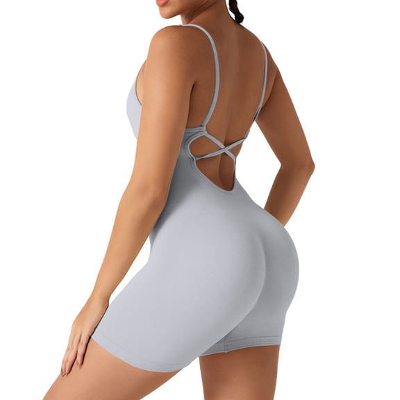 FUNUONY Jumpsuits for Women Backless Scrunch Strappy One Piece Workout Jumpsuit Tummy Control V Back Yoga Romper Summer Women Yoga Jumpsuit Workout Vest Jumpsuit Grey S