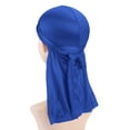 thumbnail image 1 of FUNUONY Large Square Satin Head Scarf, Silk Shiny Solid Color Scarves, Sleeping Wraps for Women Hair Bandana Foldable Long Stretchy Tail and Wide Straps Loss Caps Hat Blue, 1 of 3
