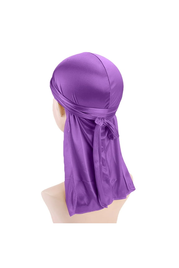 Large Square Satin Head Scarf, Silk Shiny Solid Color Scarves, Sleeping Wraps for Women Hair Bandana Foldable Long Stretchy Tail and Wide Straps Loss Caps Hat Purple