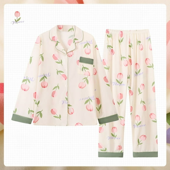FUNUONY Lightweight Pajamas for Women Set Flower Print Graphic Button Down Casual Soft Lapel Neck Pj Long Sets 2025 Fall Outfit Loose Plus Size Mom's Cotton Pajamas Long Sleeved Pants Set Sky Blue Xxl