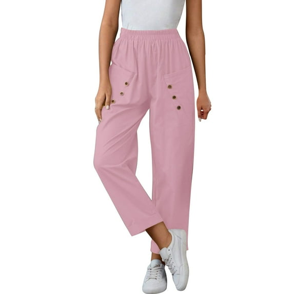 FUNUONY Lightweight Wide Leg Cropped Pants for Women High Waisted Loose Casual Lounge Travel Work Sweatpants Summer Cotton Linen Pants Summer Comfy Casual Loose Beach Pants with Pockets Pink M