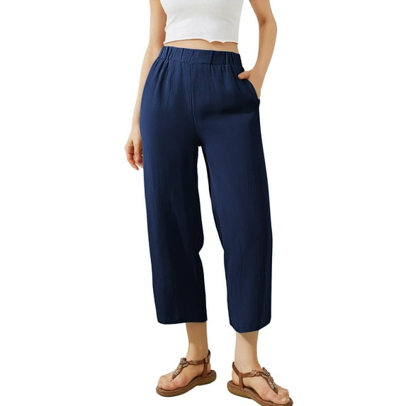 FUNUONY Lightweight Wide Leg Cropped Pants for Women High Waisted Loose Casual Lounge Travel Work Sweatpants Summer Fashionable Solid Color Loose Cotton Linen Elastic Pleated Pants Dark Blue L