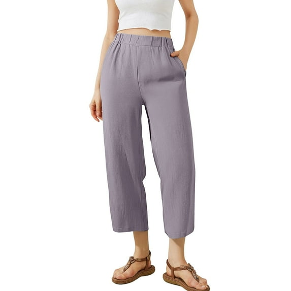 FUNUONY Lightweight Wide Leg Cropped Pants for Women High Waisted Loose Casual Lounge Travel Work Sweatpants Summer Fashionable Solid Color Loose Cotton Linen Elastic Pleated Wide Leg Pants Grey S