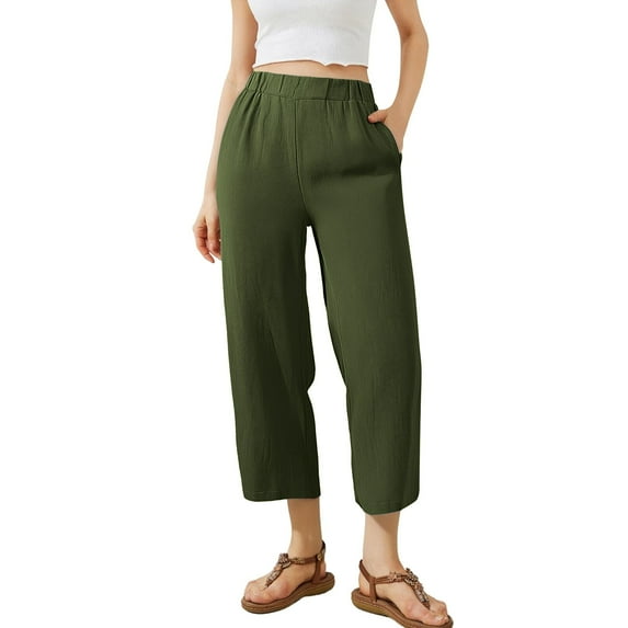 FUNUONY Lightweight Wide Leg Cropped Pants for Women High Waisted Loose Casual Lounge Travel Work Sweatpants Summer Fashionable Solid Color Loose Cotton Linen Elastic Pleated Wide Leg Pants Green L
