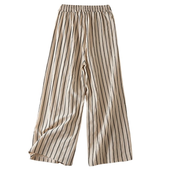 FUNUONY Lightweight Wide Leg Cropped Pants for Women High Waisted Loose Casual Lounge Travel Work Sweatpants Summer Retro Cotton and Linen Striped Loose Straight Leg Cropped Pants Beige L