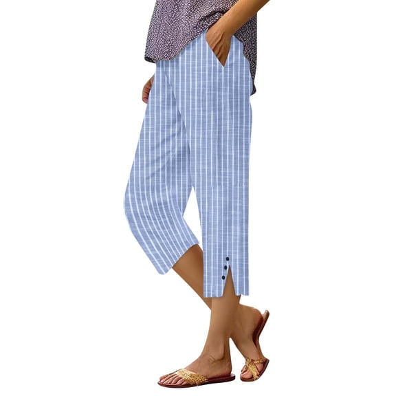 FUNUONY Linen Capri Pants for Women Casual Buttons with Pockets Shorts Striped Cotton and Linen Pants Comfy Casual Pants Lightweight Loose Trousers Vacation Beach Crop Pant Sky Blue Xxl
