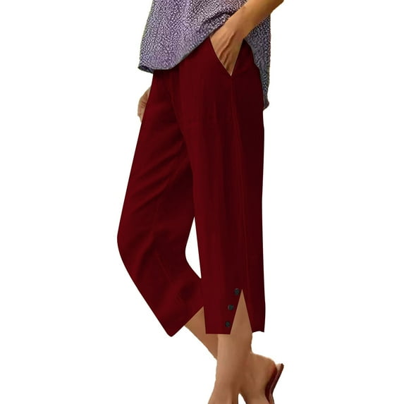 FUNUONY Linen Capri Pants for Women Loose Comfy Workout Capris Sweatpants with Pockets 2025 Pants for Women Casual Summer Elastic High Waist Linen Pant Straight Leg Cropped Trouser Red L
