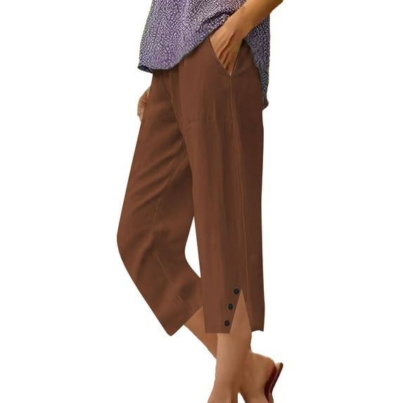 FUNUONY Linen Capri Pants for Women Loose Comfy Workout Capris Sweatpants with Pockets 2025 Pants for Women Casual Summer Elastic High Waist Linen Pant Straight Leg Cropped Trouser Brown 3Xl