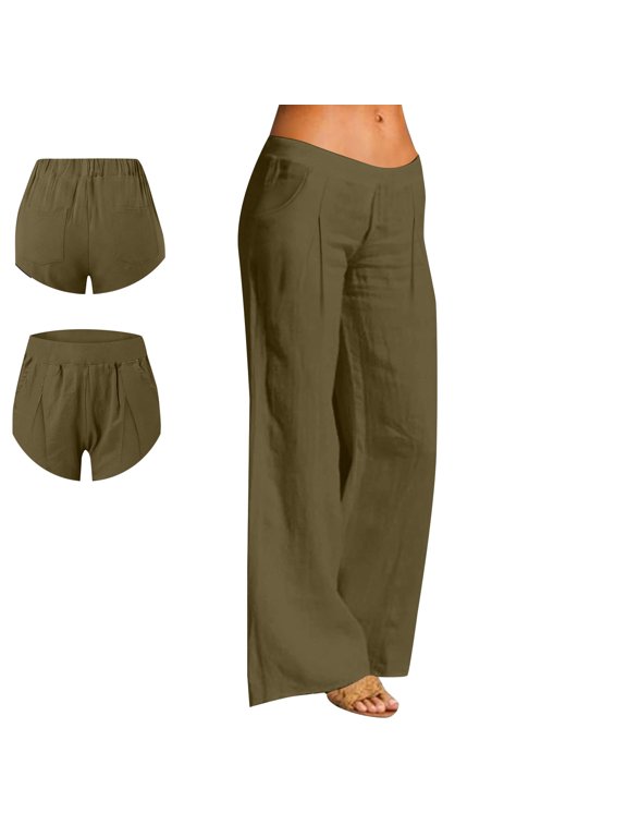 Linen Pants for Women Solid Color Slacks High Waist Pants Pockets Pants for Women Palazzo Trousers Loose Fit Summer Pants Trousers Work Business Trousers Casual Straight Leg Pants Green S