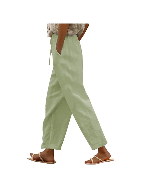 Linen Pants for Women Split Hem Pants Boho Travel Pant Straight Leg Elastic Waist Cropped Summer Capris Pants Pull-On Pants Soft Comfy Long Lounge Pants for Summer with Pockets Mint Green 5XL