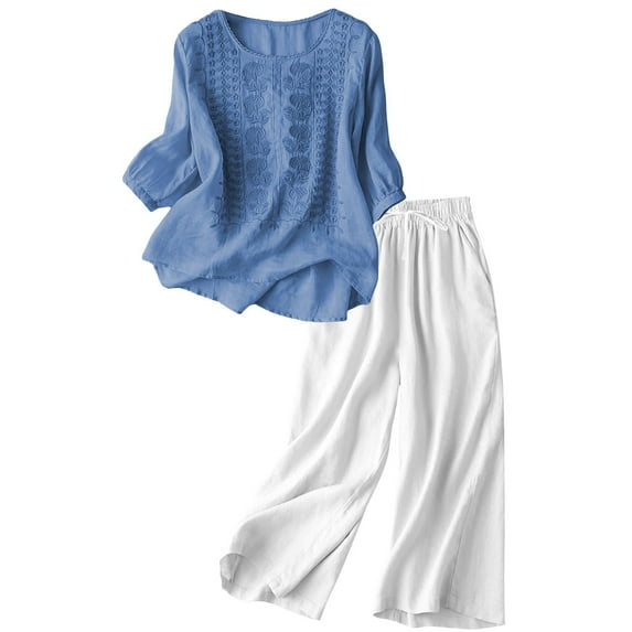 FUNUONY Linen Sets for Women 2 Piece Sets for Women Women's Casual Embroidered Top and Cotton Linen Long Pants Two Piece Set Blue M