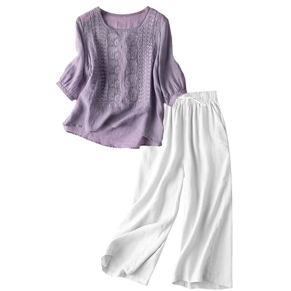FUNUONY Linen Sets for Women 2 Piece Sets for Women Women's Casual Embroidered Top and Cotton Linen Long Pants Two Piece Set Purple 3Xl
