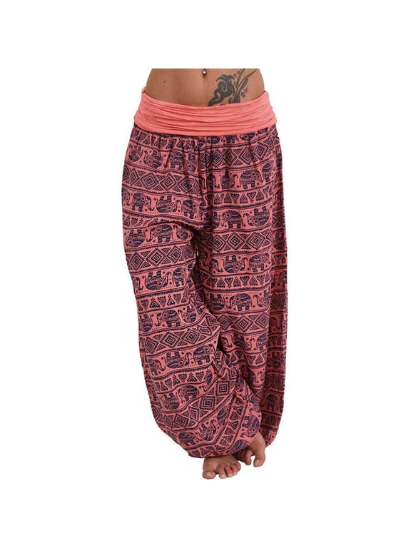 Pants for Women Ethnic Elephant Pattern Fold Low Rise Waist Harem Pants with 2-Pocket,Loose Boho Hippie Baggy Aladdin Trousers for Yoga Travel Hippie Clothes Red 3XL