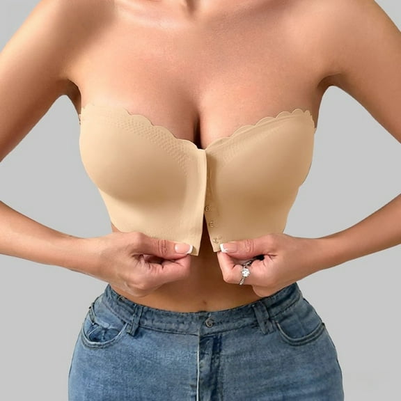 FUNUONY Push Up Strapless Bra Seamless Strapless Bra Front Closure Push Up Strapless Bras for Women Women's Simple Solid Bra Comfy Breathable Tube Bra Beige M