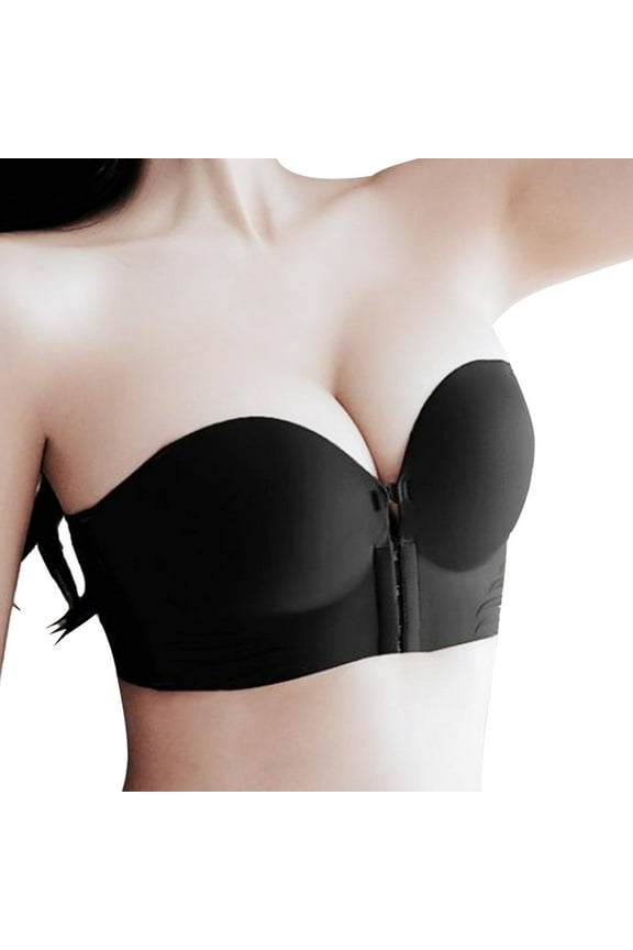Push Up Strapless Bra Seamless Strapless Bra Front Closure Push Up Strapless Bras for Women Womens Solid Color Wine Strapless Non Slip Adjustment Rimless Dress Bra Black M