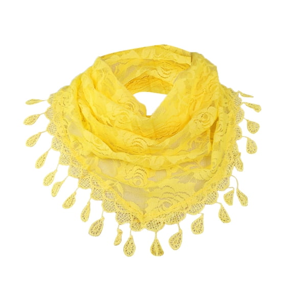 FUNUONY Scarf for Women,Floral Lace Triangle Scarf with Tassels,Sheer Hollow Out Lightweight Mantilla Shawl Wrap,Solid Color Elegant Church Wedding Neck Head Scarf Yellow One size