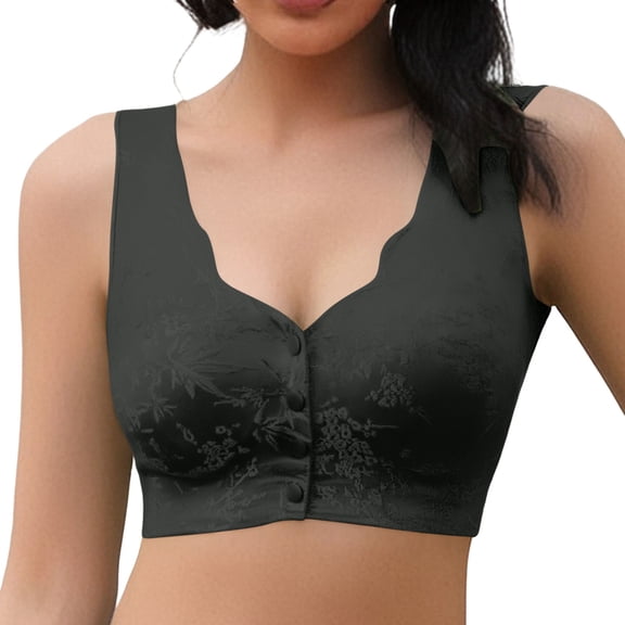 FUNUONY Seamless Front Closure Bras for Women Wireless Full Coverage Support Bra Comfortable No Underwire Everyday Bras Underwire Bra with Front Clasp for Reducing Excess In The Armpit Area Black Xxl