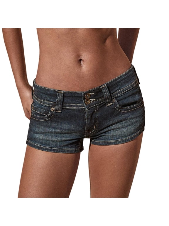 Shorts for Women Low Rise Double Button Y2K Micro Denim Shorts Stretch Skinny Mini Jorts,Vintage Washed Slim Booty Summer Pants for 2000s Streetwear Country Concert Outfits Dark Blue L