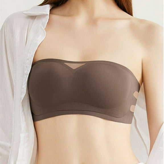FUNUONY Strapless Bra for Women, Wireless Non-Slip Padded Bandeau Bra, Seamless Push Up Tube Top Bralette Strapless Underwear No Rings Summer Thin Non Slip Gather Tube Top Wrap Bra Bra Coffee S