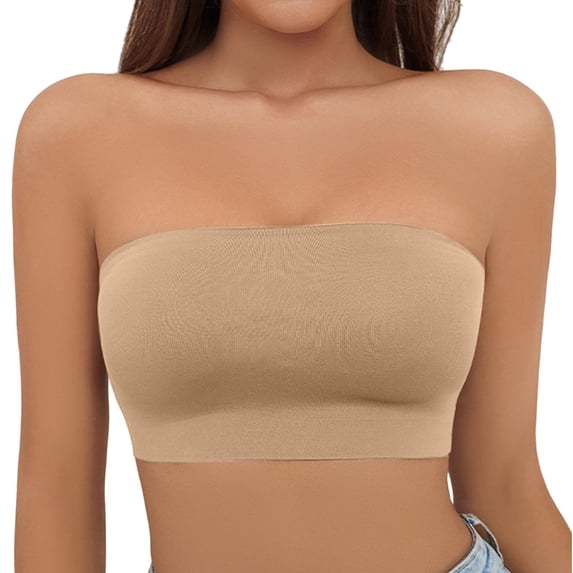 FUNUONY Strapless Bra for Women, Wireless Non-Slip Padded Bandeau Bra, Seamless Push Up Tube Top Bralette Women's Traceless Large Anti Drop Off One Shoulder Wrapped Chest Wrapped Up Bra Gold S