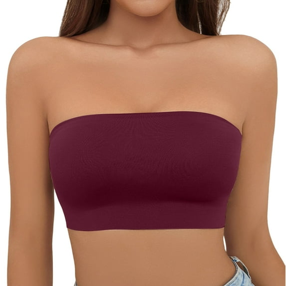 FUNUONY Strapless Bra for Women, Wireless Non-Slip Padded Bandeau Bra, Seamless Push Up Tube Top Bralette Women's Traceless Large Anti Drop Off One Shoulder Wrapped Chest Wrapped Up Bra Wine S