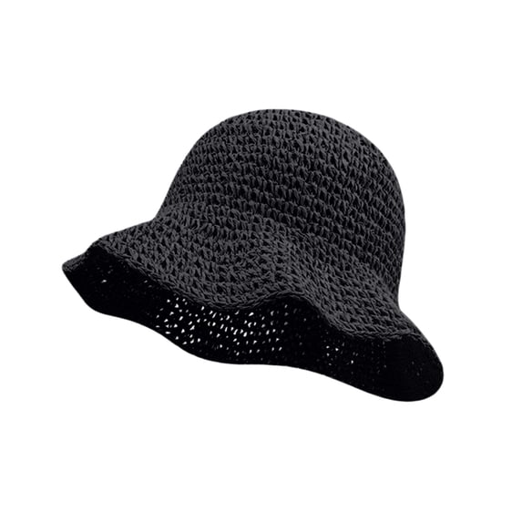 FUNUONY Straw Bucket Hat for Women Wide Brim UV Protection Foldable Packable Crochet Floppy Sun Cap,Breathable Lightweight Woven Beach Fedora Hat for Vacation Travel Shade & Style Black One Size