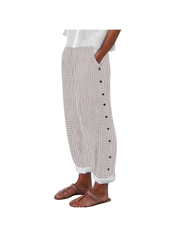 Striped Linen Pants Women Split Hem Pants Beach Vacation Clothes Tapered Pant with Pockets Straight Leg Elastic Waist Boho Travel Pant Linen Cotton Blend Striped Pants Beach Slacks Beige L