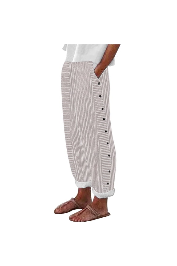 Striped Linen Pants Women Split Hem Pants Beach Vacation Clothes Tapered Pant with Pockets Straight Leg Elastic Waist Boho Travel Pant Linen Cotton Blend Striped Pants Beach Slacks Beige L