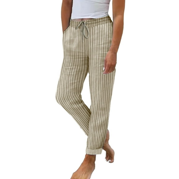 FUNUONY Striped Linen Pants for Women Wide Straight Leg Pants Womens 2025 Baggy Elastic Waist Pants Boho Pants for Women Women's Summer Striped Linen and Cotton Loose Straight Leg Pants Khaki M