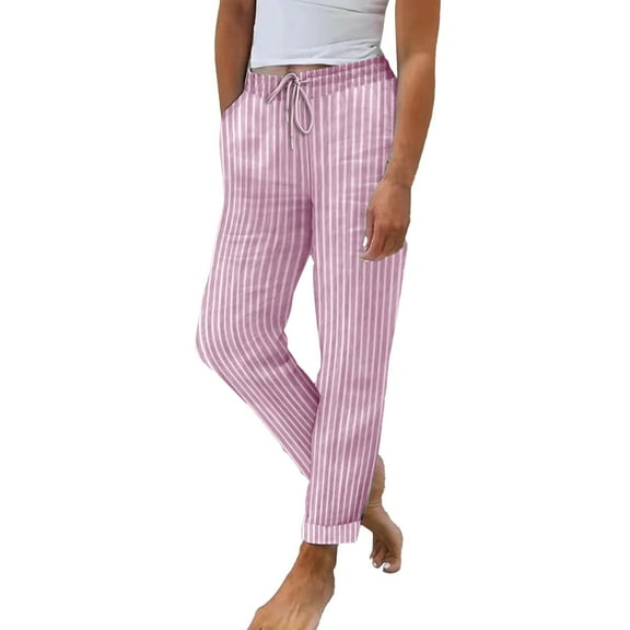FUNUONY Striped Linen Pants for Women Wide Straight Leg Pants Womens 2025 Baggy Elastic Waist Pants Boho Pants for Women Women's Summer Striped Linen and Cotton Loose Straight Leg Pants Pink L